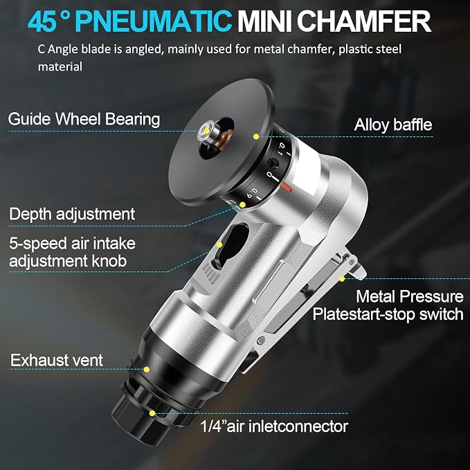 Mini Pneumatic Chamfering Machine, 30000 RPM Portable Air Beveling Machine with 1/4 Inch Air Inlet Handheld, 45° Mini Chamfering Machine Air Tools with Blades for Beveling Deburring