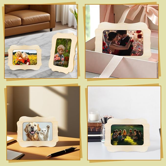 VOKOY 4 Pack Wooden Picture Frames for Crafts, DIY Wood Craft Picture Frames for 4" x 6" Photos,Unfinished Standing Photo Frames Wood Decorate for Birthday Party Gifts, Vintage Shape