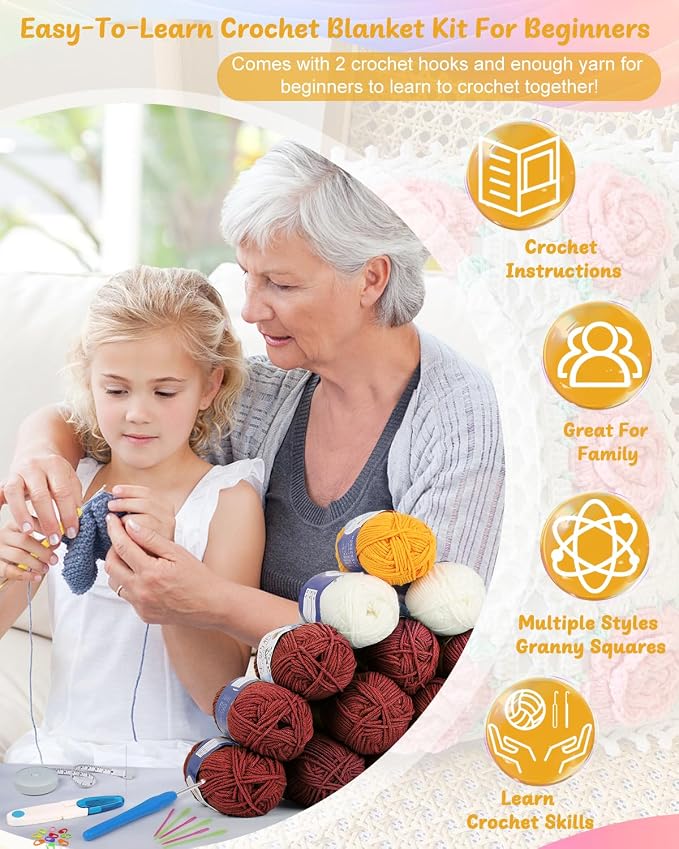 Coopay Crochet Kit for Beginners, Granny Square Crochet Blanket Kit, Red | Crochet Kit W/Video Tutorial & Digital Instructions, All Accessories Included, Easy Knitting to Create Granny Square Blanket