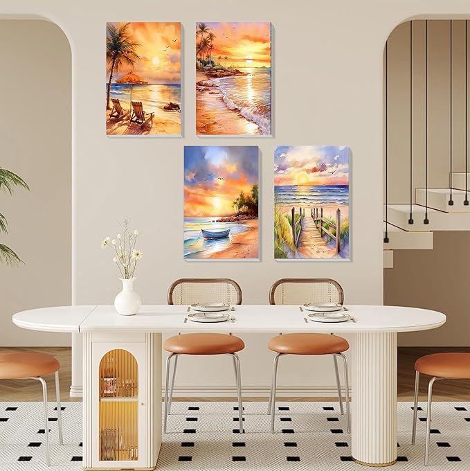 4 Pack Framed Paint by Numbers Kit for Adults Beginners, Beach 8x12 inch | Adult Paint by Number Kits on Canvas with Wooden Easel, Sunset Landscape DIY Acrylic Oil Painting by Numbers for Home Decor