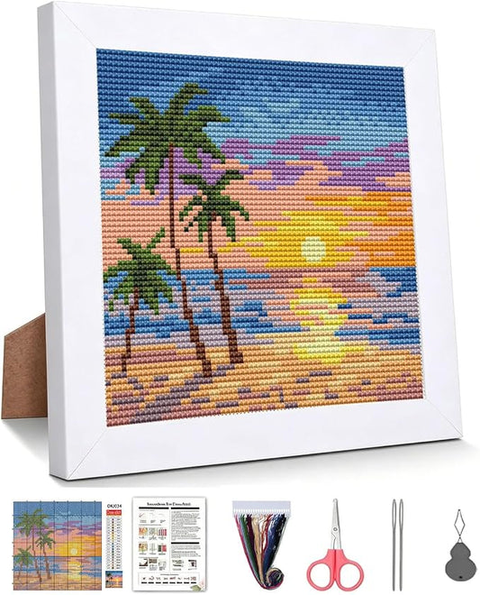 WUSARPLY Sunset Landscape Stamped Cross Stitch Kits for Adults with Framed | Beach Palm Tree Needlepoint Counted Cross Stitch Kits for Beginners Adults with Framed Embroidery Kits Arts and Crafts