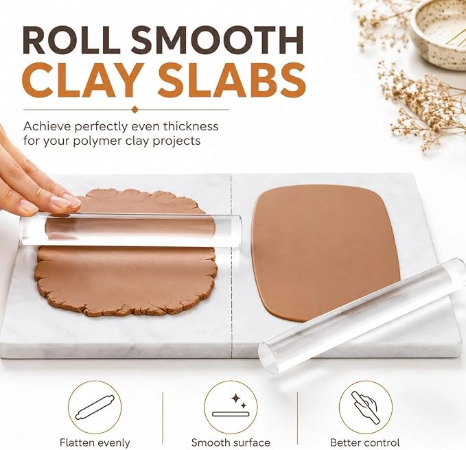 12 Pcs Polymer Clay Tools Kit, Acrylic Roller Rolling Pin Cutters | Air Dry Clay Sculpting Supplies Set, Small Clear Craft Roller, Tissue Blades Knife Slicer, Sheet Press Board, Texture Needle