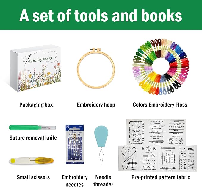 Upgraded Embroidery Stitch Book Kit, 106 Patterns DIY Book Embroidery Kit
