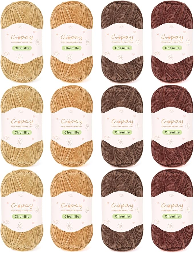 Coopay Thin Chenille Yarn for Crocheting & Knitting, Brown Gradient | Crochet Yarn Set - 600g Total, Velvet Yarn for Colorful Crafts, Blankets, Plush Dolls, Decorative Handmade Works