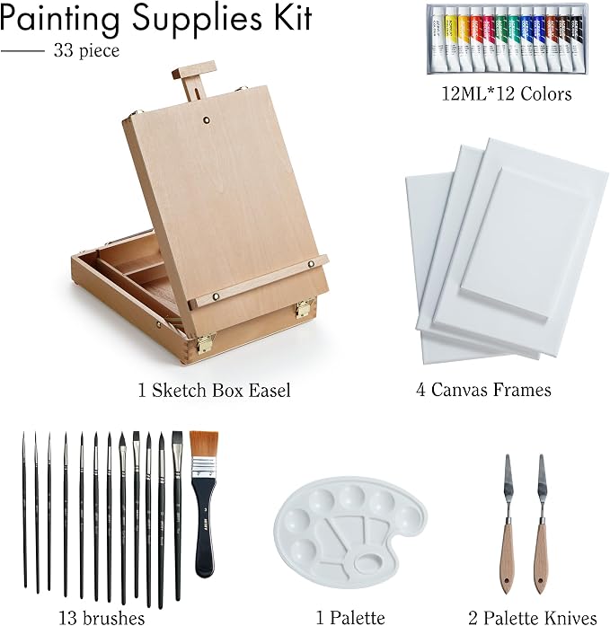 ARTIFY Art Supplies Kit, Tabletop Easel Set with 12 Acrylic Paints, 13 Paint Brushes, 4 Canvas Boards, 2 Palette Knives & Plastic Palette, Gift for Artists & Adults