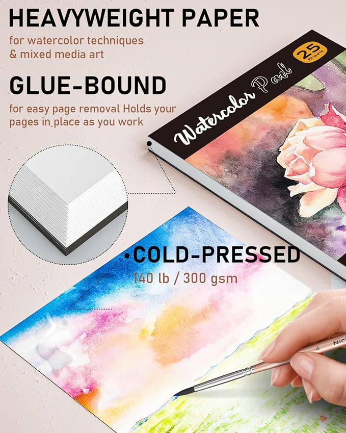 Nicpro 100 Colors Watercolor Paint Set, Metallic Macaron & Fluorescent | 8 Synthetic Squirrel Brushes, 25 Watercolor Paper, Palette, Art Supplies Kit for Artist Adult Beginner with Gift Box