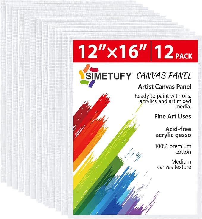 Simetufy 12 Pcs 12x16Inch Large Canvas Boards for Painting, Flat Art Panels | Gesso Primed Acid-Free 100% Cotton for Acrylic Oil Watercolor Tempera Paint