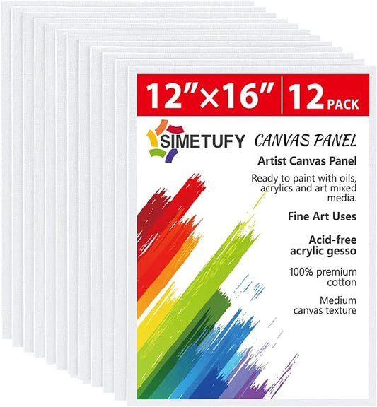 Simetufy 12 Pcs 12x16Inch Large Canvas Boards for Painting, Flat Art Panels | Gesso Primed Acid-Free 100% Cotton for Acrylic Oil Watercolor Tempera Paint
