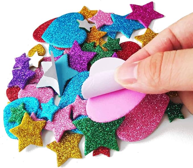 260 Pieces Colorful Glitter Foam Stickers Self Adhesive Stars Mini Heart Shapes Glitter Stickers, Arts Craft Supplies for Greeting Cards Home Decoration Stars&Heart Shapes