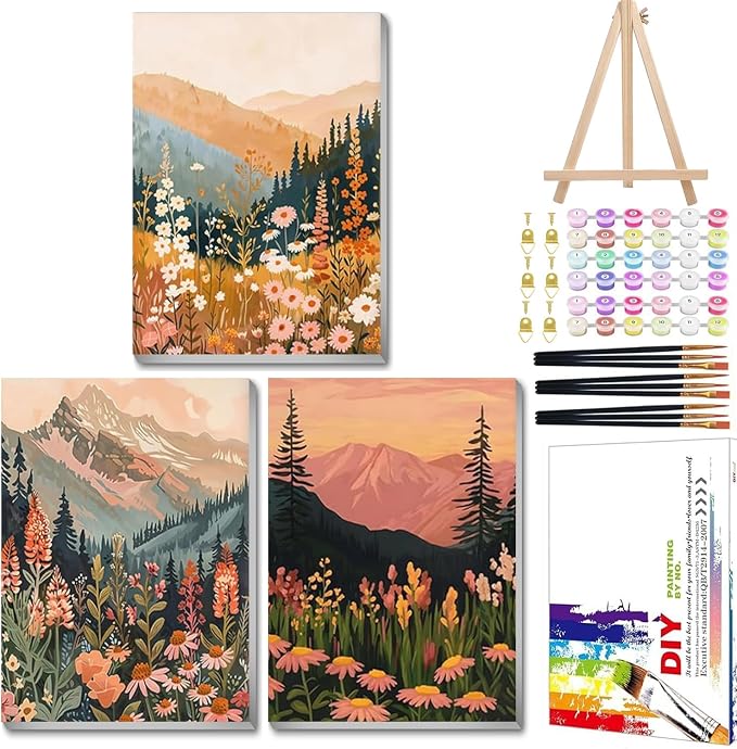 Mandun Landscape Paint by Numbers Kit for Adults, 3 Pack, 7.8x11.8 inch | DIY Painting Kits Crafts for Adults, Relieve Stress, Frame Canvas, Wooden Easel, Gift Box, Home Wall Decor