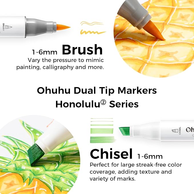Ohuhu Alcohol Markers Brush& Chisel 48 Colors for Adult Coloring Refillable | AP Certified Art Marker Set, Dual Tips Alcohol-based for Artists Beginners Drawing Illustration Sketching, Honolulu 2