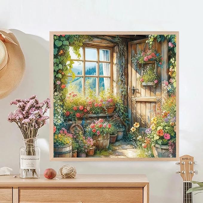 Accompany Wind Diamond Painting Kits for Adults, Windows Flower Diamond Art Kits for Beginners,5D Round Full Drill Diamonds Gem Art Crafts for Home Wall Decor Gifts 14x14 Inch