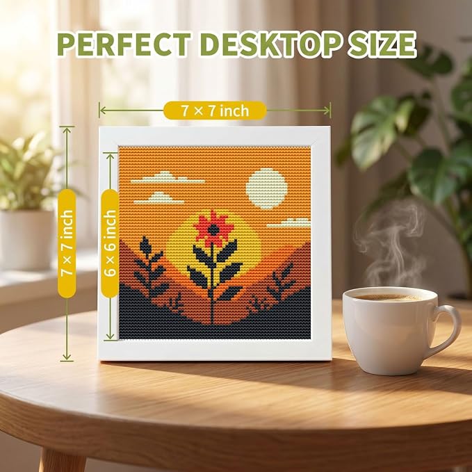 Sunset Floral Landscape Stamped Cross Stitch Kits for Adults with Framed | Flowers Needlepoint Counted Cross Stitch Kits for Beginners Adults with Framed Embroidery Kits Arts and Crafts 6 x 6 inch