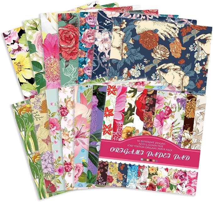 Origami Paper 50 Sheets, 6-Inch Square Double Sided Colored Craft Paper | 70GSM colorful paper,50 Vivid Pattern Origami Kit,DIY Hand Crafts,Arts Creativity,Easy to Fold,No-Fading.Rose