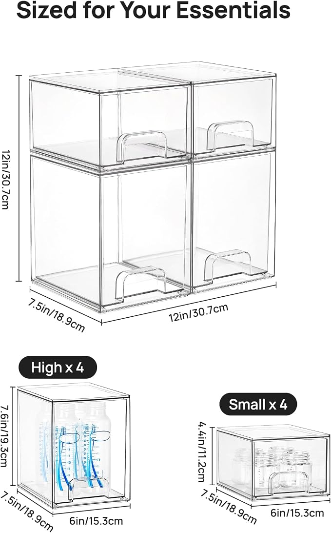 Vtopmart Clear Stackable Storage Drawers Set of 8, Plastic Organizer Bins | Multi-purpose Boxes for Baby Bottle Storage, Ideal for Kichen, Vanity, Bathroom, Undersink, Cabinet, Pantry Organization