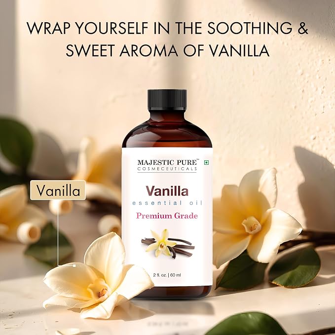 Majestic Pure Vanilla Essential Oil for Diffuser - 2 Fl Oz | 100% Natural Essentials Oils Ideal for Humidifier, Air Freshening, Cleaning Home, Bath, Steam Inhalation and Massage