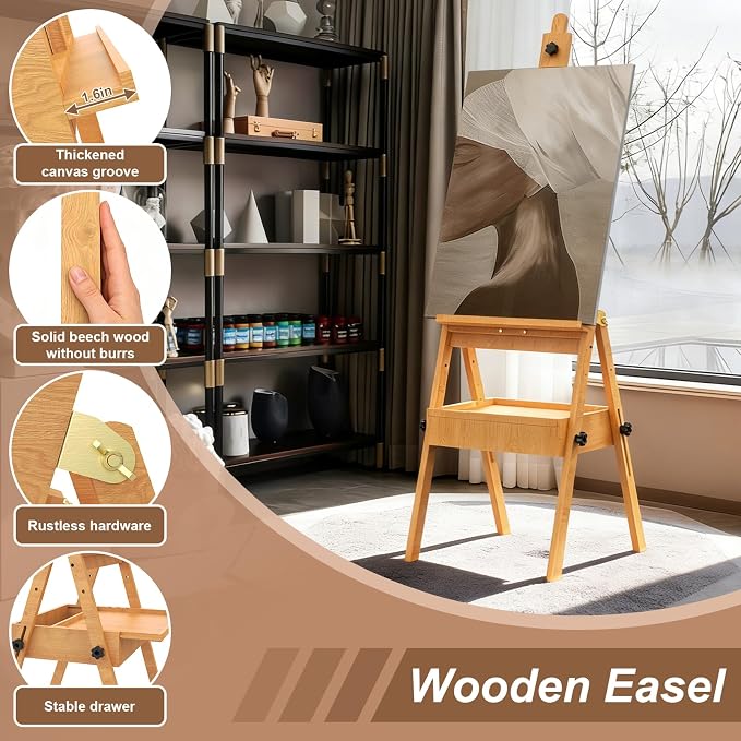 Large Beech Wood H-Frame Easel, Professional Painting Easel with 2 Palette | Multi-Function Studio Easel, Professional Foldable Artist Easel Stand for Painting, Holds Canvas Art up to 36"