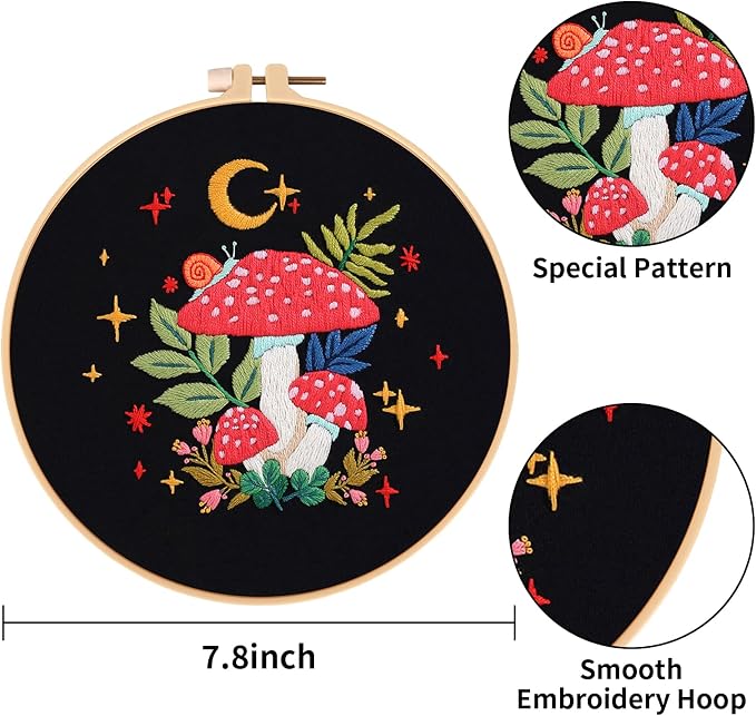 Nuberlic 3 Pack Embroidery Kit for Beginners, Mushroom Cross Stitch Kit