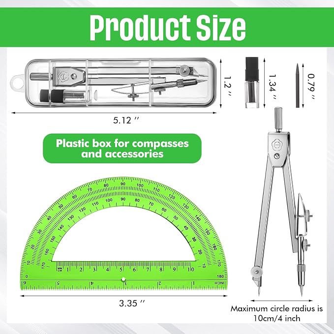 EBOOT Drawing Compass and 6 in Protractor Geometry Set, Green | Geometry Math Set, Swing Arm Protractor Ruler Compass, Geometry Drawing Tools for Measuring Angles