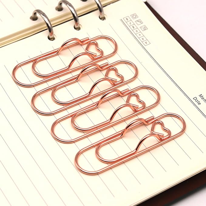 12-Pack Pen Holder Clips for Notebook, Rose Gold Heart Clips | Paper Clip Pen Holder for Notebook, Holds Pens Under 0.5 Inch Thick, Cute Office Supplies for Planners and Journals