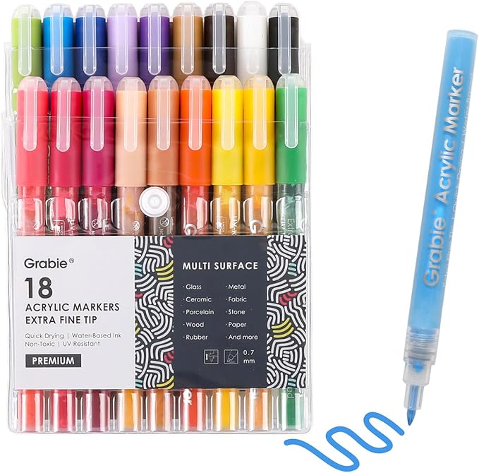 Grabie Pack of 18 Color Acrylic Paint Markers, 0.7mm Extra Fine Tip Pens
