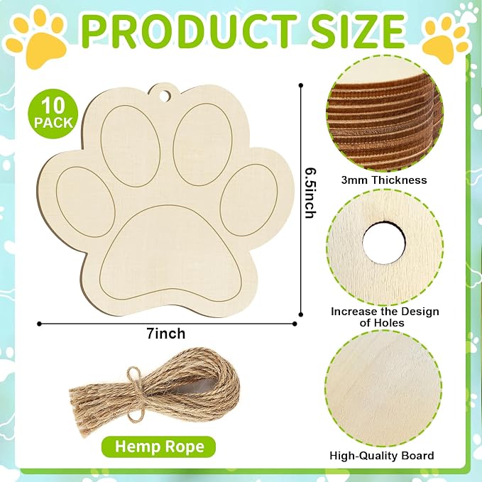 Large Dog Paw-Shaped Wooden Welcome Door Sign to Paint 10Pcs, DIY Blank Unfinished Wood Ornament for Crafts Hanging Decorations, Dog House Pet Theme Party Decoration Halloween Christmas Thanksgiving