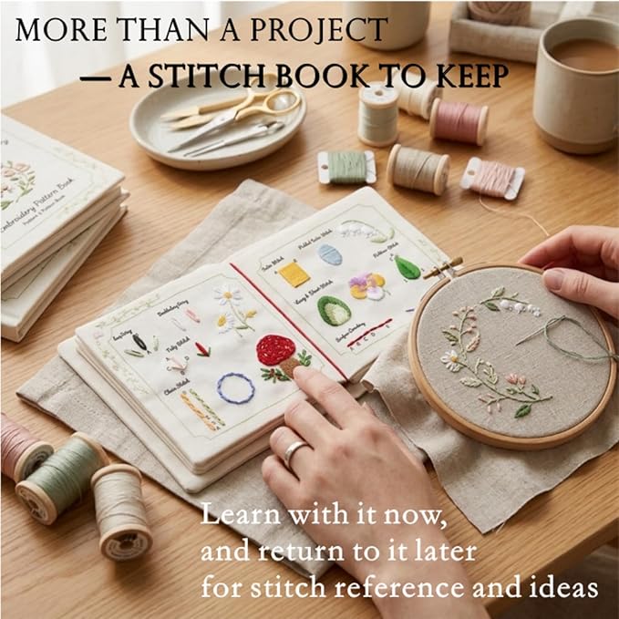 TenDawn Embroidery Stitch Book Kit for Beginners, 32 Essential Stitches | Structured Learning Order for Adults, DIY Sewing Kit with Floral Motifs, Practice Patterns