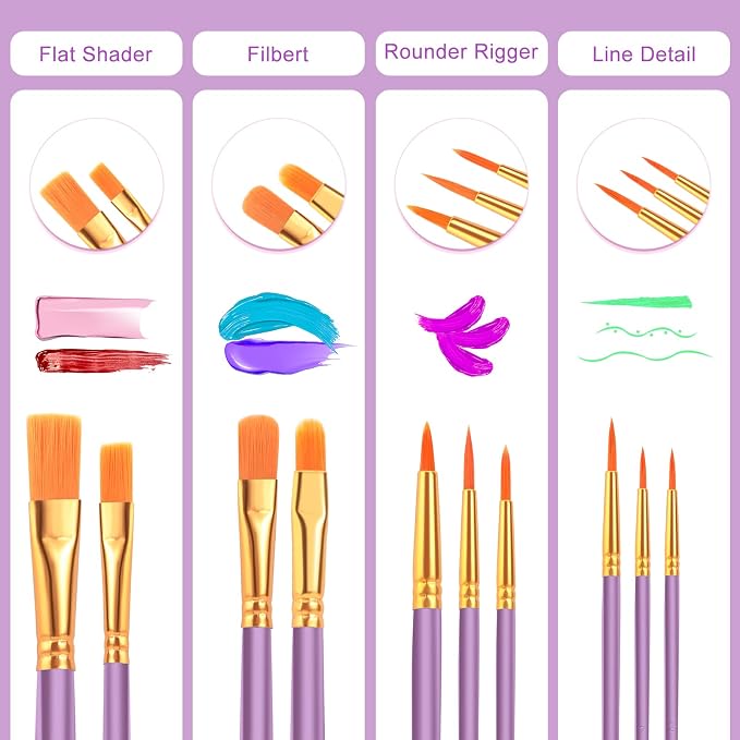 ESRICH 160PCS Paint Brushes, Paint Brush for Acrylic Painting | Artist Paintbrushes for Oil Watercolor, Body Face Rock Canvas, Small Paint Brushes for Kids, Purple