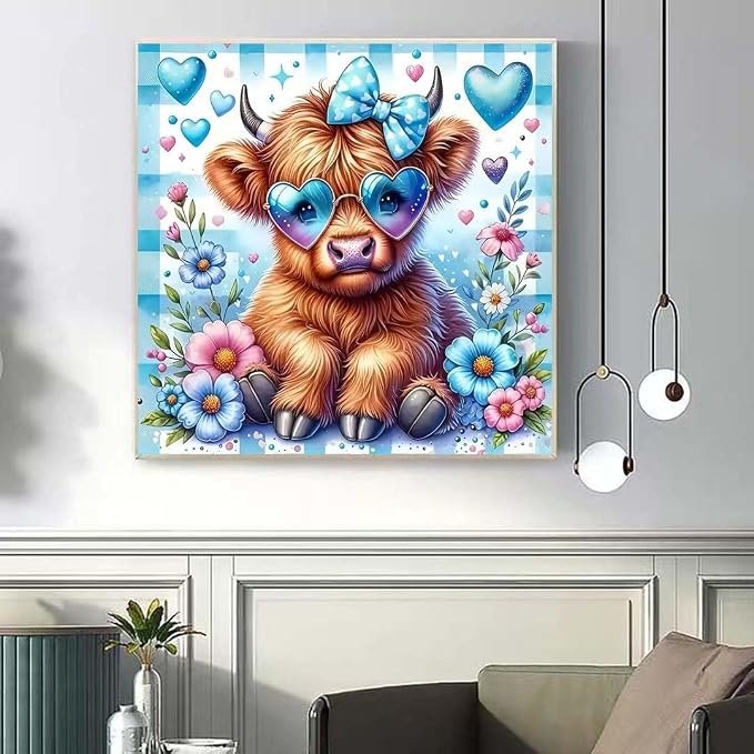 OJTOYART 5D Diamond Art Kits for Adults Beginners,Highland Cow DIY Full Round Drill Diamond Painting Kits, Animals Paint by Diamonds Dots Gem Art,Home Wall Decor 13.79 X 13.79 Inch