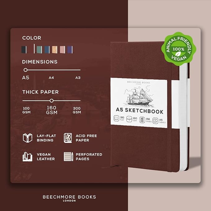 Beechmore Books A5 5.8x8.3 Mixed Media Sketchbook 160 GSM/98LB, Gift Box | Hardcover Art Journal with Lay-Flat Binding, 156 Perforated Ivory Pages, Portable Size for Drawing, Ink & Light Watercolor