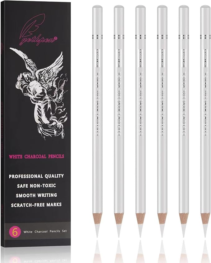 GETHPEN White Charcoal Pencils Set, Sketch High-light Pencils, 6 Pieces | White Charcoal Sketch Pencils, White Chalk Pencils for Drawing, Sketching, Shading, Blending, Beginners & Artists