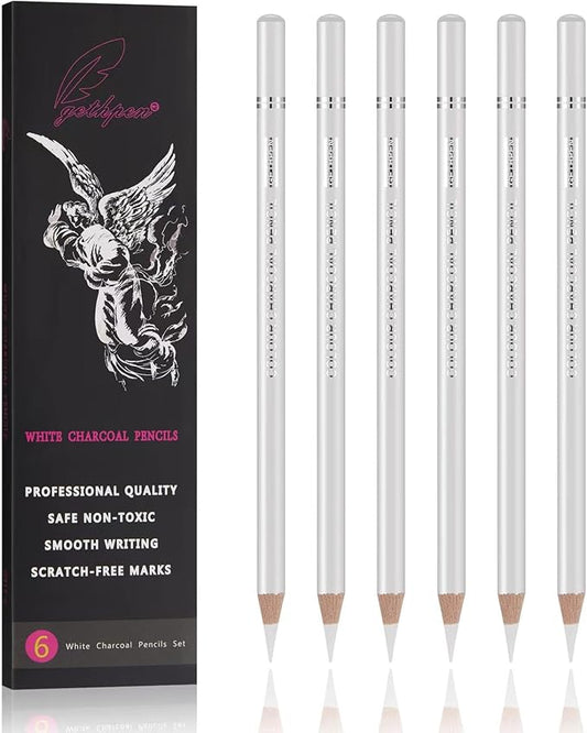 GETHPEN White Charcoal Pencils Set, Sketch High-light Pencils, 6 Pieces | White Charcoal Sketch Pencils, White Chalk Pencils for Drawing, Sketching, Shading, Blending, Beginners & Artists