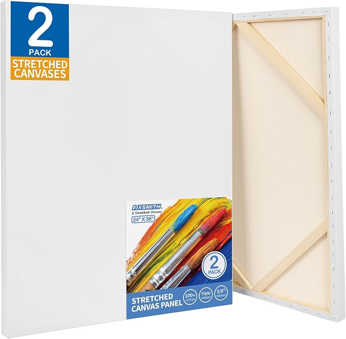 FIXSMITH Stretched Canvas for Painting 24x36 Inch, 2 Pack,Primed Large Canvas,100% Cotton,5/8 Inch Profile of Super Value Pack for Acrylics,Oils & Other Painting Media