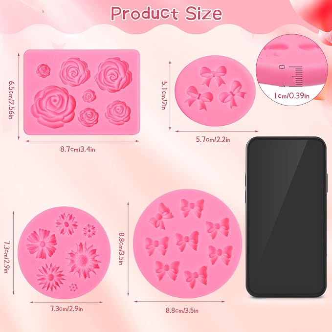 Pimoys 4 Pcs Flower & Bow Silicone Molds for Chocolate and Candy