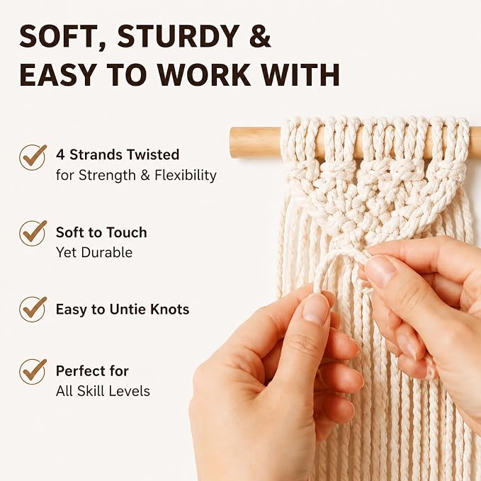 Natural Cotton Macrame Rope - 3mm x 109Yards (328Feet), 4 Strands Twisted Cotton Cord for Wall Hanging, Plant Hangers, Crafts, Gift Wrapping and Wedding Decorations, Beige