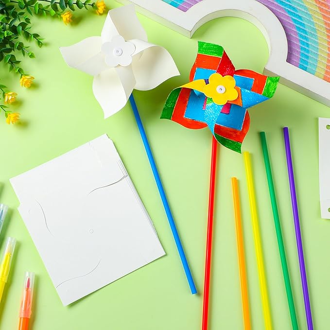 Poen 100 Pcs DIY Pinwheels for Kids Bulk, Color Your Own Paper Pinwheels | Coloring Summer Craft Blank White Paper Windmill for School Art Group Activities Sunday School Party Favor Supplies, 5 Inches
