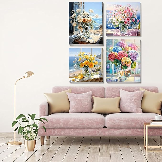 4 pack Flower Paint by Numbers Kit for Adults Beginner With Framed,Flowers Easy Adult Paint by Number Kits on Canvas DIY Painting for Beginners Art by Numbers for Home Wall Decor 10x12-10x10 Inch
