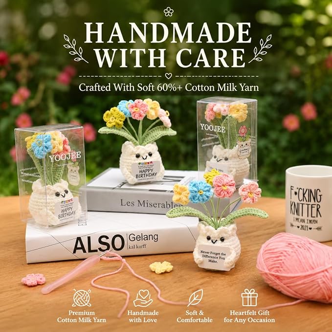 Crochet Forget Me Not Flower Pot Birthday Gifts for Women | Happy Birthday Message Card, Colorful Handmade Keepsake, Gift for Her, Mom, Best Friend, Sister, Coworker, PET Display Box