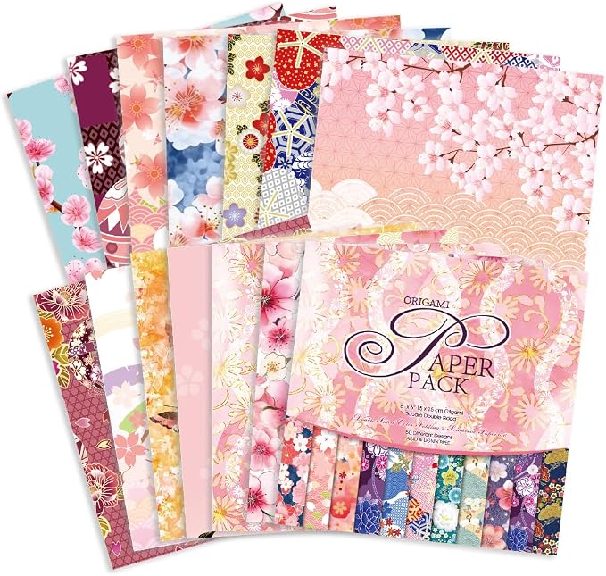 Origami Paper 50 Sheets, 6-Inch Square Double Sided Colored Craft Paper | 70GSM colorful paper,50 Vivid Pattern Origami Kit,DIY Hand Crafts,Arts Creativity,Easy to Fold,No-Fading.Japanese Sakuras
