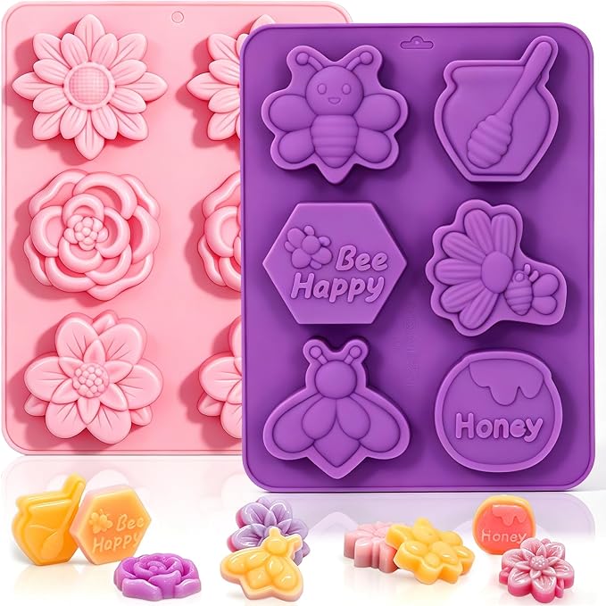 SJ Bee & Flower Silicone Mold Set, 2-Pack 6-Cavity Soap & Craft Molds | For Crafts, Soap Making, Plaster, Wax Melts & Resin, Food Grade Silicone, Easy Release, Reusable