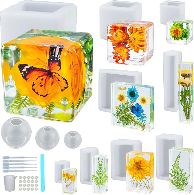 12 PCS Extra Deep Resin Cube Molds Silicone, 4" Large Resin Molds Silicone | Cube Silicone Mold for Epoxy Resin, Sphere Resin Mold with Tools for Preserving Flower Insect Specimen Bookend Flexible Clear