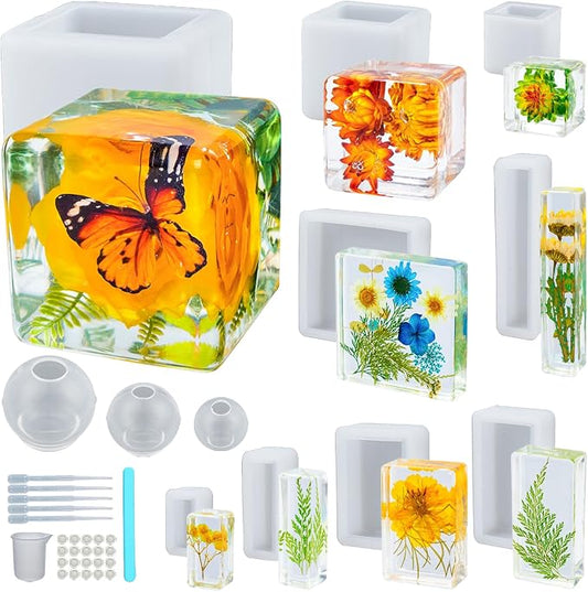 12 PCS Extra Deep Resin Cube Molds Silicone, 4" Large Resin Molds Silicone | Cube Silicone Mold for Epoxy Resin, Sphere Resin Mold with Tools for Preserving Flower Insect Specimen Bookend Flexible Clear