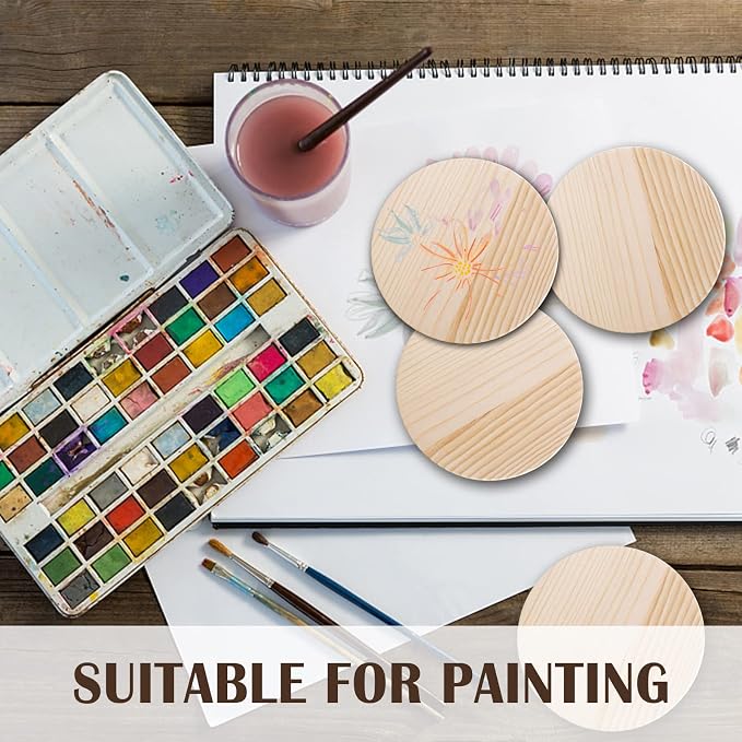 42 Pieces Unfinished Wood Coasters, 4 Inch Round Blank Wooden Coasters for Crafts with Non-Slip Silicon Dots for DIY Stained Painting Wood Engraving Home Decoration