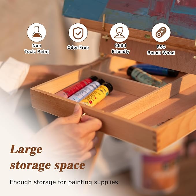 DJAR Beechwood French Easel with Shoulder Strap, Holds Canvas up to 34" | Adjustable, Palette, Level Instrument, Scale Leg, Outdoor & Indoor, Tabletop & Floor Use for Professional & Beginner Artists