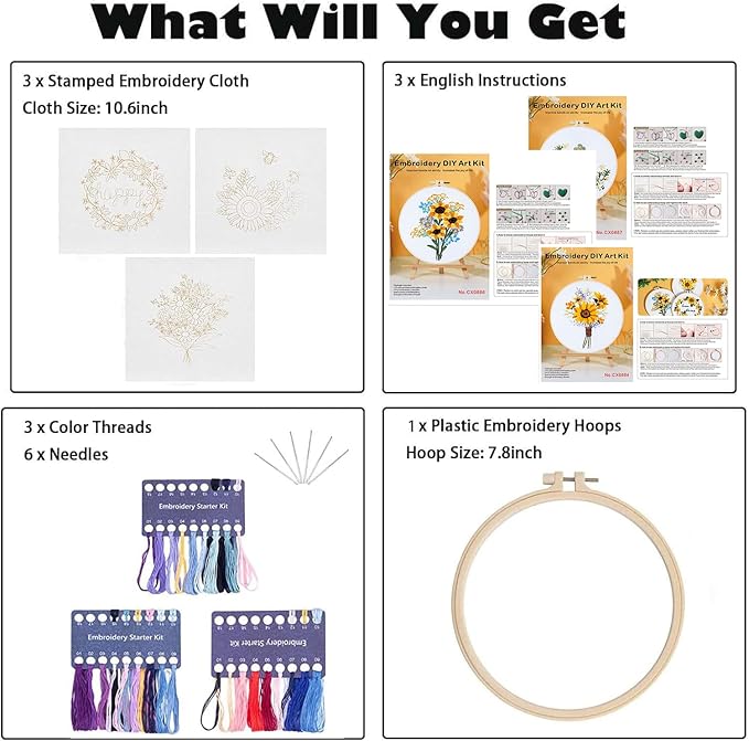 GLTAYLMY 3 Sets Embroidery Starter Kit with Pattern and Instructions, Cross Stitch Set, Stamped Embroidery Kits with 3 Embroidery Clothes with Pattern, 1 Embroidery Hoop(Sunflower)