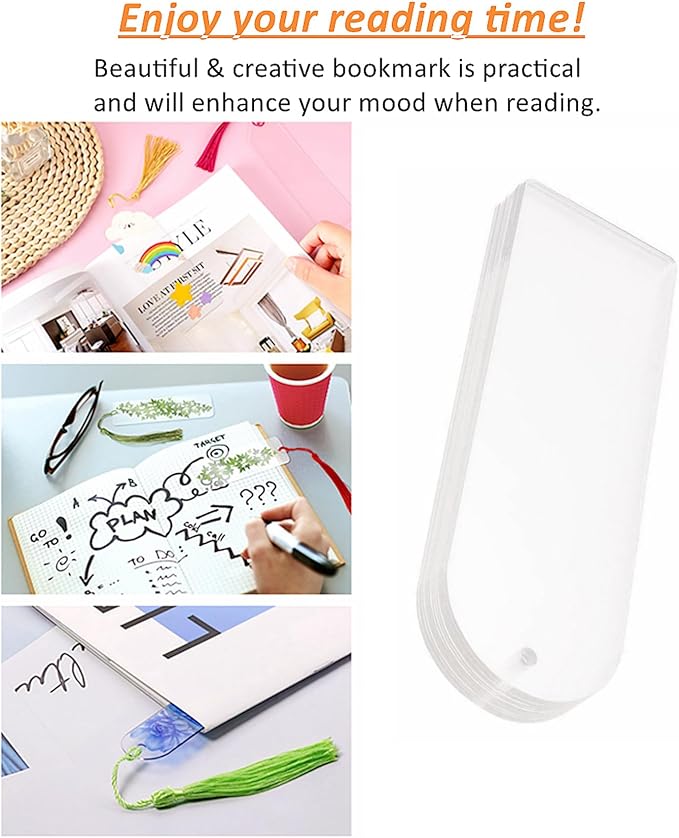 30Pcs Clear Acrylic Bookmark Blanks with Tassels, Semicircle DIY Craft Kit | 30Sets Bookmark Making Kits, Smooth Edge Clear Acrylic Blanks, Different Color Tassels,for DIY Book Marks Tags Handmade Gifts