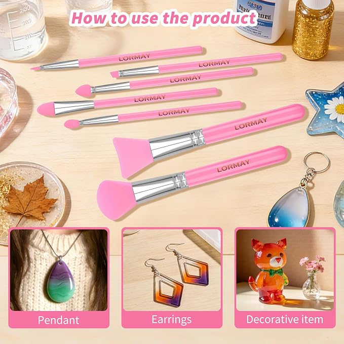 LORMAY 7-Piece Silicone Brush Set for UV Resin Crafts and Makeup, Pink | Easy Clean for DIY Epoxy Art and Makeup, Soft Reusable Tools, Gentle Applicator Suitable for All Skin Types