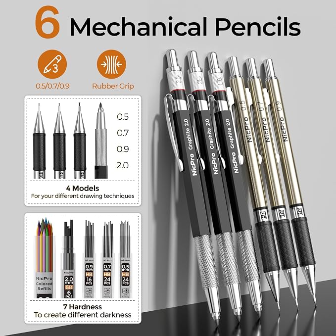 Nicpro 52PCS Art Drawing Supplies Kit for Artist Adults Sketching | Metal Mechanical Pencil Set 0.5, 0.7, 0.9 & 2mm, 9x12 Sketch Book, 12 Fineliner Pens, 288 Leads, School Supplies Drawing Kit