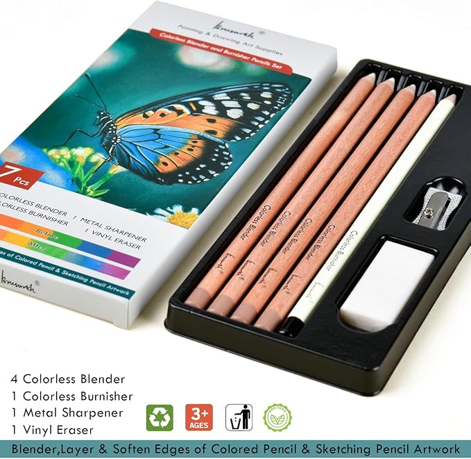 Brusarth Colorless Blender & Burnisher Pencil Set for Colored Pencils | For blending, softening edges & refining details, art supplies ideal for colored pencil artists and beginners