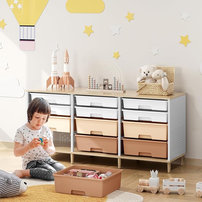 TOOLF 12 Drawers Storage Cabinet with Wooden Top and Plastic Bins,Brown | Toy Shelf Storage Chest Cubby Organizer, for Home, Office, Playroom, Classroom & Craft Room